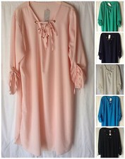 NEW LADIES PLUS SIZE 3/4 ROLL UP SLEEVE SUMMER POLYESTER CREPE PLAIN TUNIC DRESS