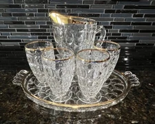 VTG Jeannette Thumbprint Gold-Rimmed Pitcher, Glasses, And Platter - 6 Piece Set