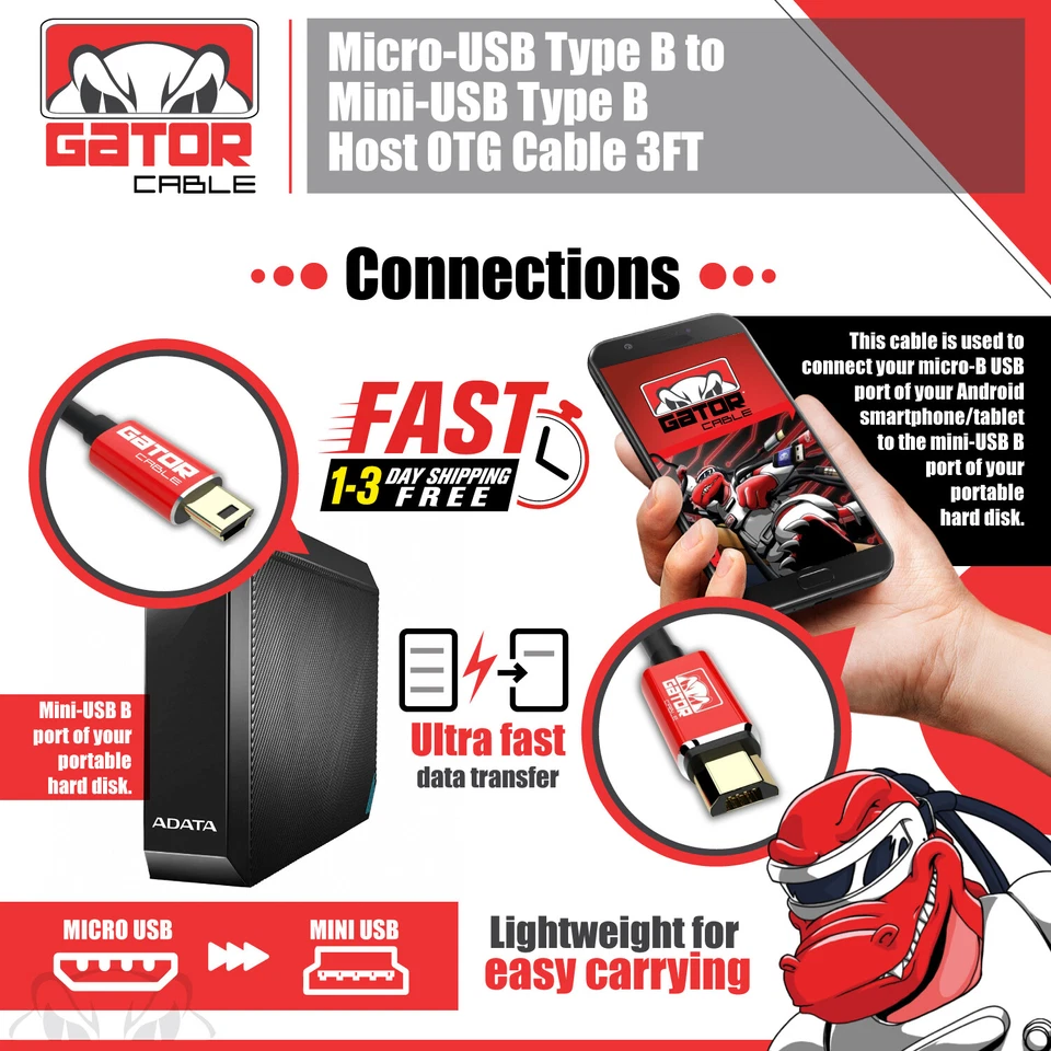 Micro USB to Mini USB Male Host OTG Adapter Converter Cable Charger Cord 3FT - Image 4 of 4