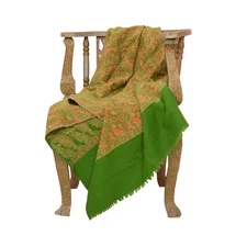 Sanskriti Vintage Green Long Pure Woollen Shawl Woven Reversible Scarf Stole