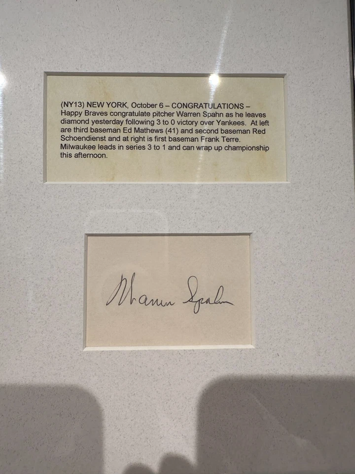 Warren Spahn Cut Signature Auto Framed with Photo & Newspaper Clipping Braves - Image 2 of 3