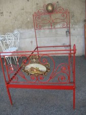 LETTO FERRO 1 PIAZZA LACCATO ROSSO MEDAGLIONI DIPINTI STILE GENOVESE  FINE '800 