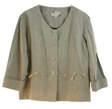 100% Linen Jacket Womens Size 8 Earth Song Tan Usa Decorative Button Front