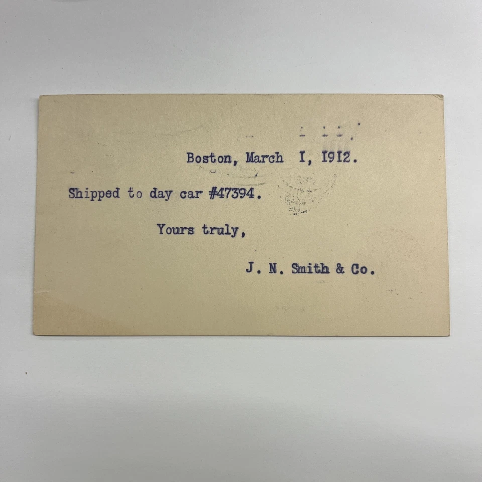 US SC UX24 Boston MA 3-1-12 "Shipped to day car #47394" J.N. Smith and Co #A31 - Image 2 of 2