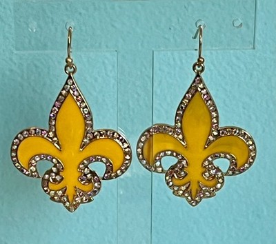 New New Orleans Saints Gold & White Crystal Fleur De Lis Dangle Pierced Earrings