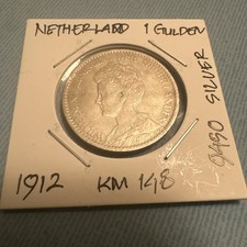 1912 NETHERLANDS  1 GULDEN Wilhelmina I Silver KM148