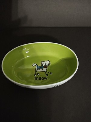 PetRageous Designs White with Green Imprint Cat MEOW Oval W/ Paws Bowl