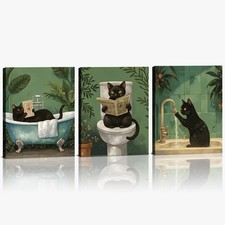 KAlRNE Funny Bathroom Black Cat Wall Art,Cute Animal Wall Decor Set of 3 12 X...