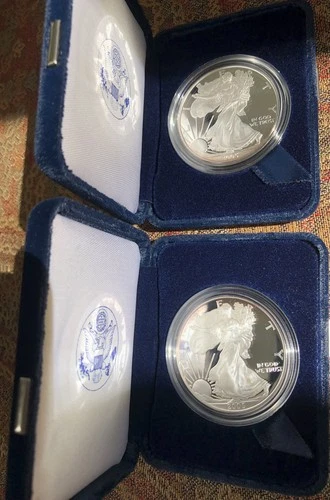TWO U.S. Mint American Eagle 2005 Fine Silver Dollar Proof Coin w/ Box & COA