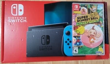 Nintendo Switch with Neon Blue and Neon Red Joy‑Con and Super Monkey Ball B. M.