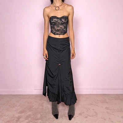 Vintage Schwarz Midi Rock Rüschen Lagenlook Avantgarde Party Goth Y2K Gr. M - Bild 1 von 4