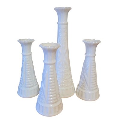 Set of 4 Vintage Anchor Hocking Milk Glass Stars and Bars Bud Vases 6'' and 9''