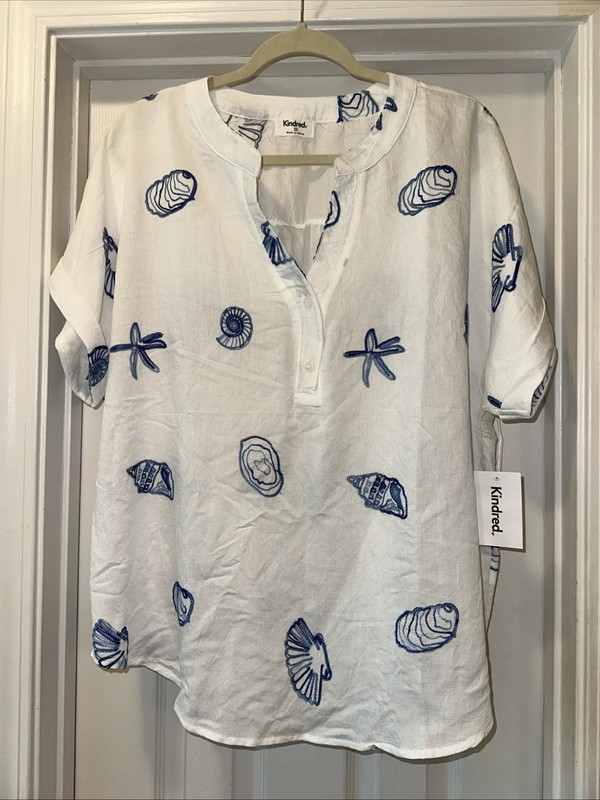 Kindred Anthropologie Embroidered Seashell Print Tunic-White/Blue-Sz 2X-NWT