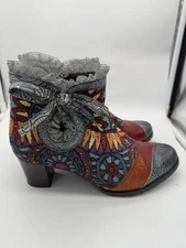 Socofy Women’s Boho Patchwork Ankle Boots 37 Lace Detail Leather Heels