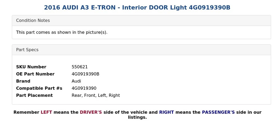 AUDI A3 E-TRON 2016 - luz interior puerta 4G0919390B Foto 4 de 4