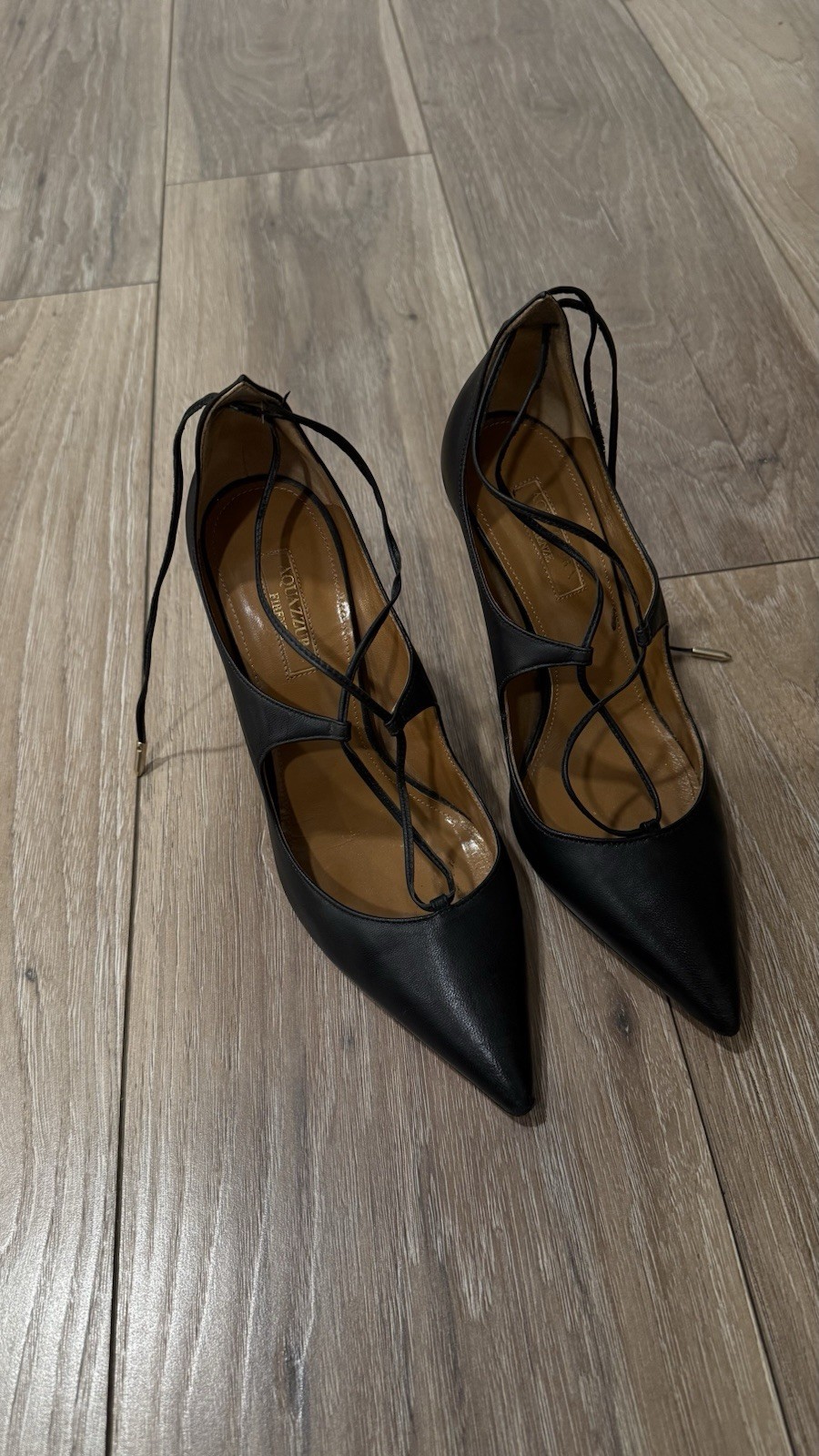 Aquazzura Black Leather Lace Up Pumps Size 38 Pointed Toe Heels Size EU 36.5
