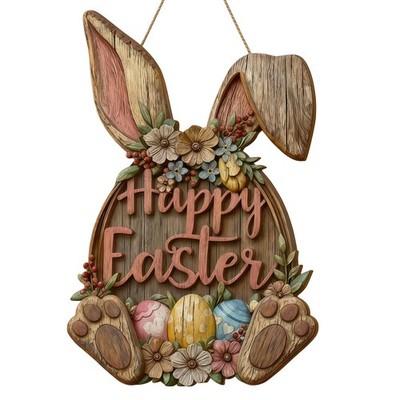 Wooden Easter Bunny Door Wreath, Happy Easter Wall Sign with Flowers and Eggs...