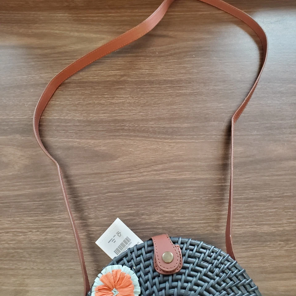 NUEVO CON ETIQUETAS J Crew Azul Mimbre Paja Circular Floral Cartera Bolso con Correa Foto 3 de 4