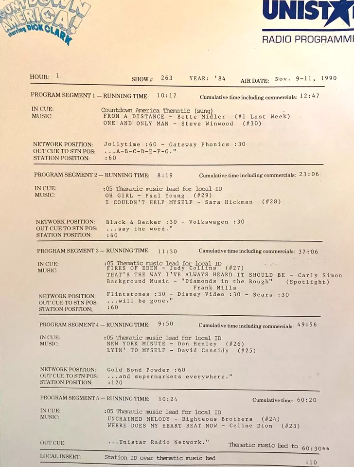 10/10/87 DICK CLARK's 4 HR/TOP 30 COUNTDOWN AMERICA FEATURES CARLY SIMON & 11/84 - Image 2 of 4