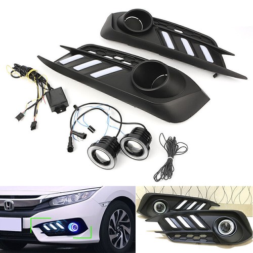 LED DRL Fog Light Projector+Angel Eye Kit Fits Honda Civic 4DR 2016-2018 2017 - Foto 2 di 12