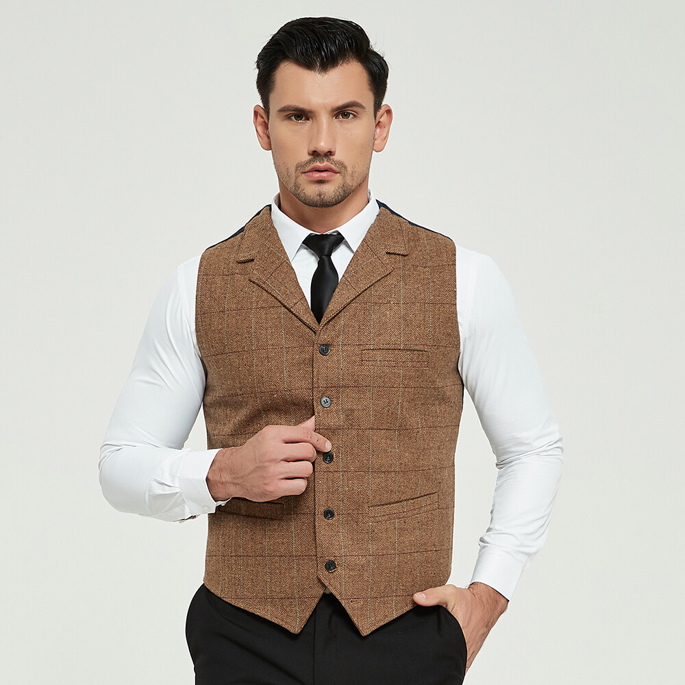 Men Wool Blend Herringbone Retro Tweed Waistcoat Plaid Slim Fit Formal Suit Vest