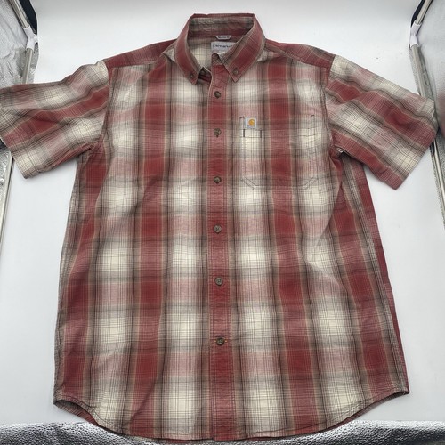 Carhartt Shirt Men Orange Rust Brown Plaid Short Sleeve Relaxed Button Up Camp