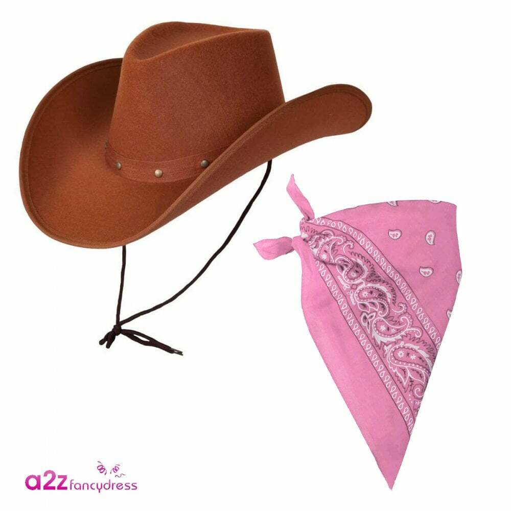 Adult Texan Cowboy Brown Hat + Pink Bandana Wild West Western Rodeo Fancy Dress
