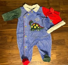Vtg Baby Little Me 2pc Plush Dinosaur Outfit Footie Pajama Hat 3M Romper Sleeper