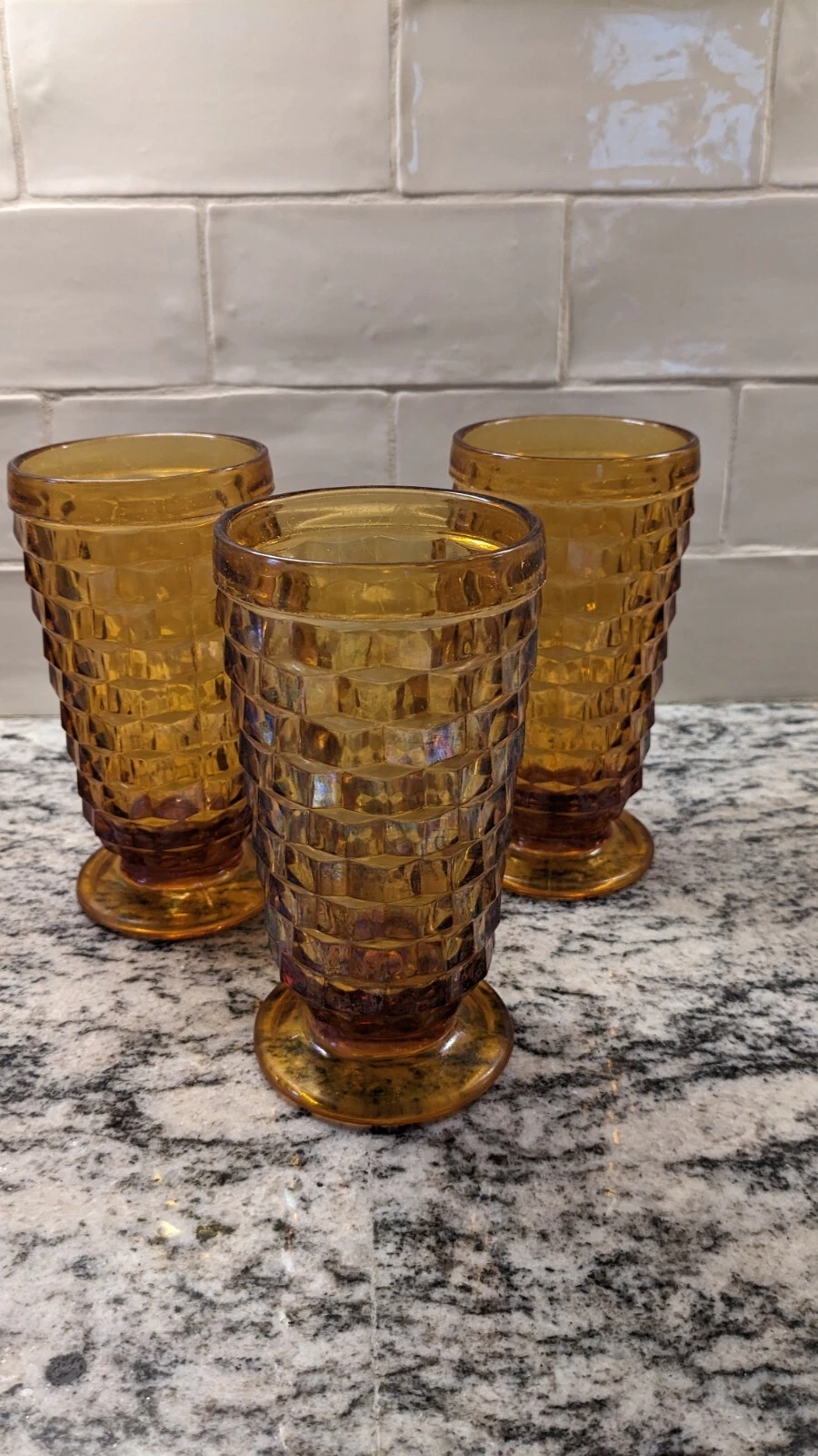MCM VINTAGE INDIANA AMERICAN WHITEHALL CUBIST AMBER 6" GLASSES