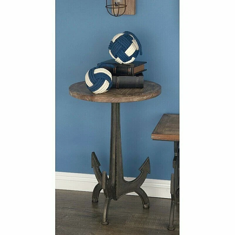 Coastal Accent End Side Table Nautical Round Iron Wood Anchor Leg