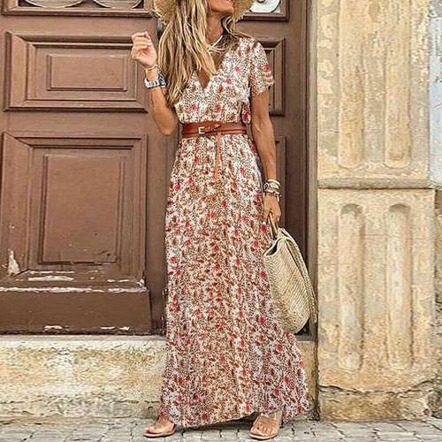 Women short sleeve V-Neck Wrap Floral Maxi Dress Ladies Summer Beach Sundress - Picture 6 of 12