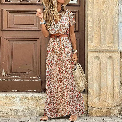  Ladies Summer Beach Sundress Women short sleeve V-Neck Wrap Floral Maxi Dress - Bild 7 von 14