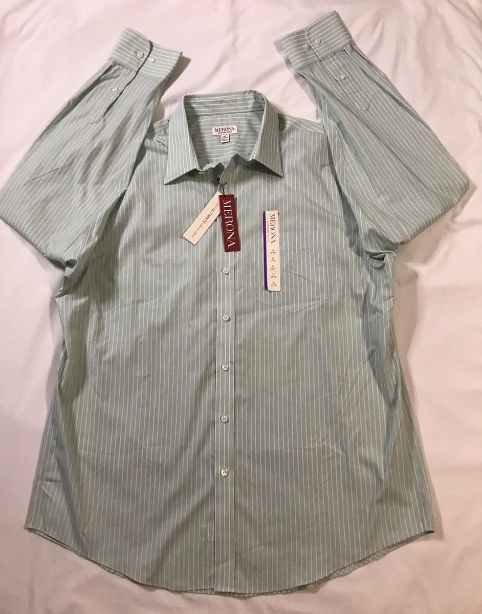 Merona Dress Shirt Mens Extra Lrge Green White Striped