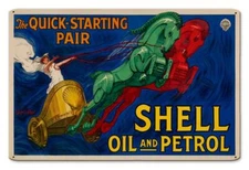 QUICK STARTING PAIR SHELL OIL AND PETROL 18" HEAVY DUTY USA MADE METAL ADV SIGN