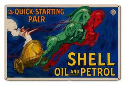 #ad QUICK STARTING PAIR SHELL OIL AND PETROL 18quot; HEAVY DUTY USA MADE METAL ADV SIGN $82.50