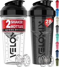 VELOMIX -2 Pack- 28 oz Protein Shaker Bottles for Protein Mixes - 2x Wire Whisk