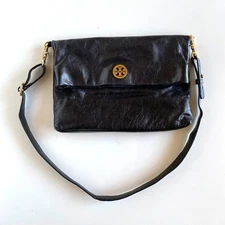Tory Burch Dena Fold Over Black Leather Crossbody Bag