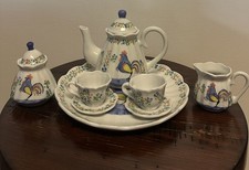 Vtg Miniature Childs Tea Set Porcelain 10 Pcs Blue Rooster Cottage Farmhouse