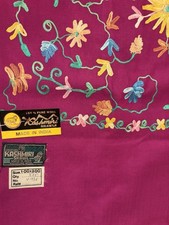 Vintage Kashmiri Shawl 100 Pure Wool Magenta Floral Embroidered Wrap