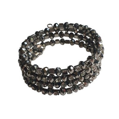 Rhinestone Crystal Beaded Coil Wrap Bracelet Expandable Metallic Black Silver