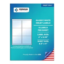 Glossy White Sticker Labels – 4" x 3.33" – (6 per Sheet) (Glossy White for In...
