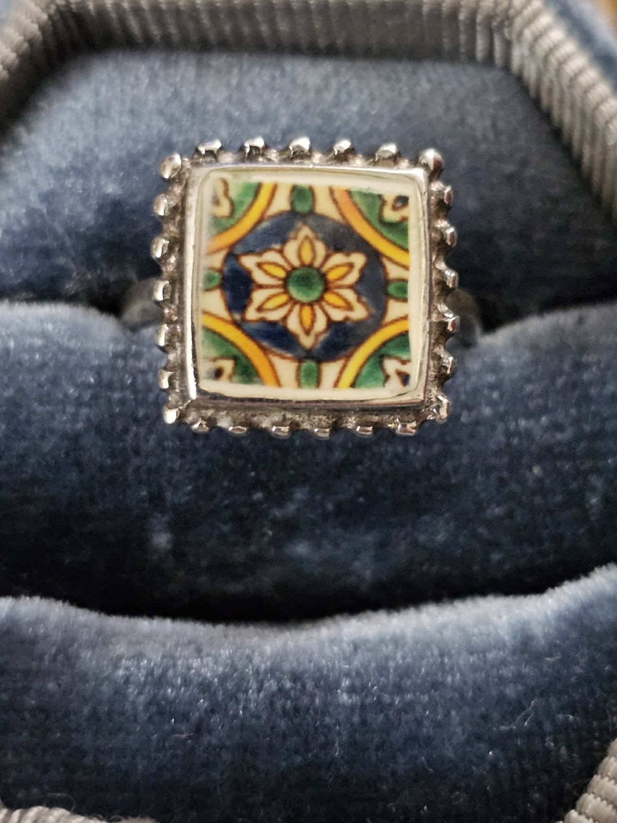 925 Silver Ceramic Hand Painted Ring (Vintage) - image 2