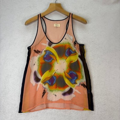 Dream Daily Peach Floral Graphic Sheer Chiffon Tank Top Size L Artistic Flowy