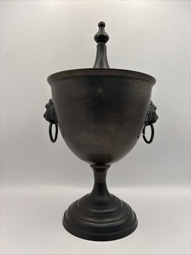 Vintage Neoclassical Bronze Finish Metal Lion Head Motif Urn Jar