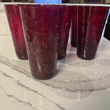Ruby Red Iced Tea Beverage Glasses 7 Raised Scroll Design Embossed T