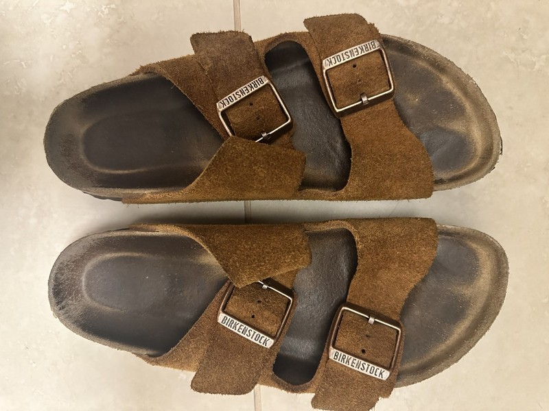 Birkenstock Women’s Beige Suede Two-Strap Buckle Slide Sandals US 7