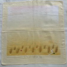 VTG Handkerchief Yellow Cotton Looking Out Window, Park has Red Benches Hanky 16