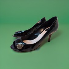 Christian Dior Women's Stiletto Open Toe Black Leather Sz 39.5 Logo Buckle Gold