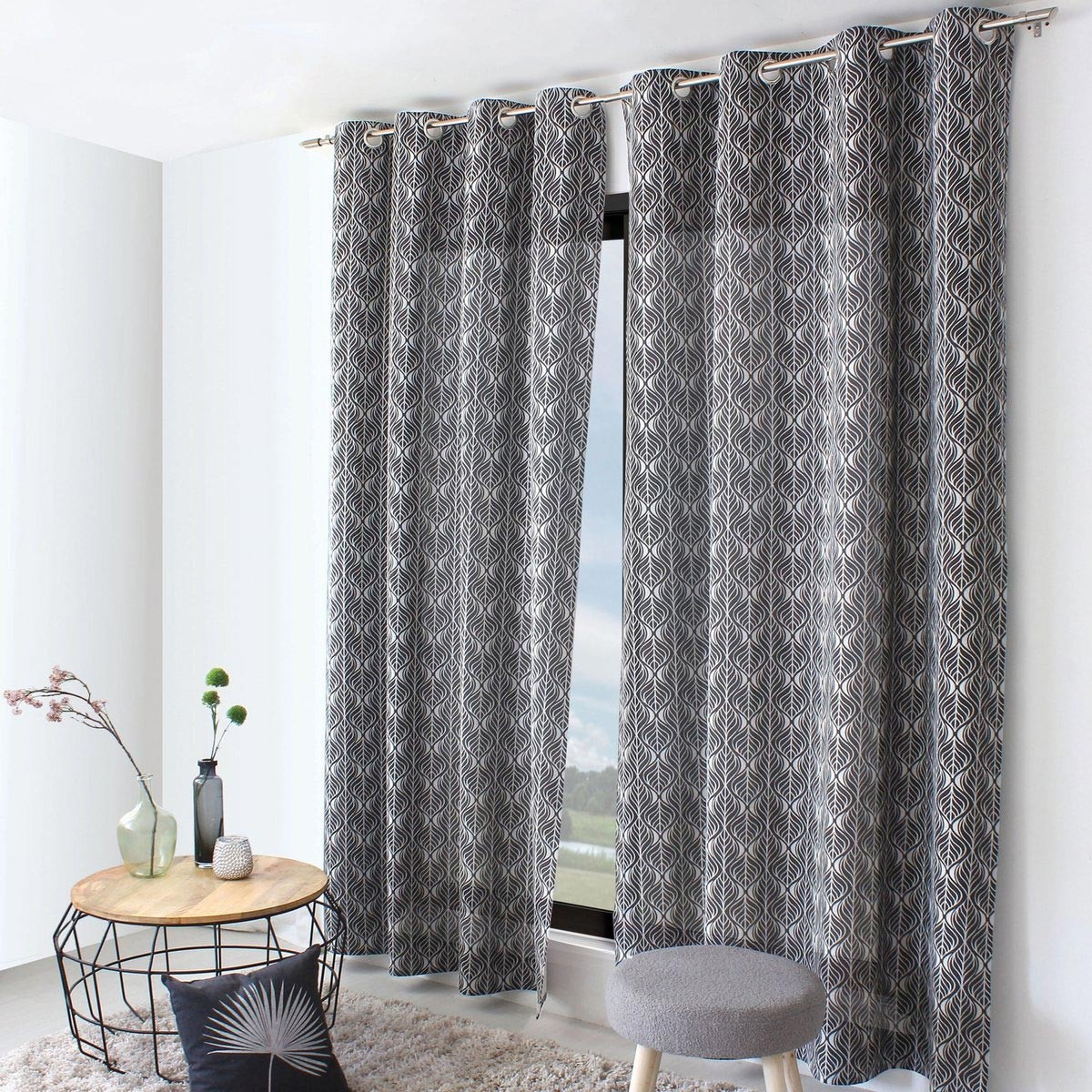 Rideau imprimé haut de gamme Baya 140x240 cm au design moderne gris foncé