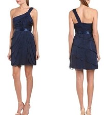 NEW Adrianna Papell Navy Blue Draped One Shoulder Flutter Chiffon Dress Sz 10